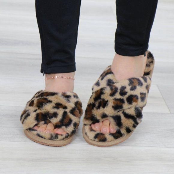 Leopard  Fuzzy Furry Criss Cross Sandal Sliders - Picture 2 of 14